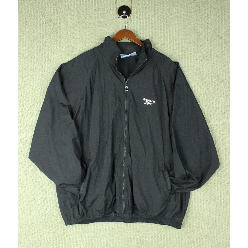 Vintage Reebok Windbreaker Jacket Mens XXL Black Full Zip Vector Logo Streetwear